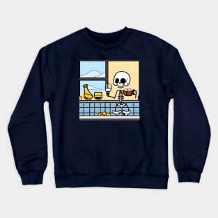 Skeleton in kitchen drinking wine and eating Crewneck Sweatshirt